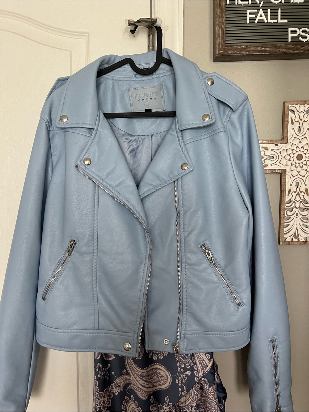 Blank NYC Powder Blue Faux Leather Moto Jacket